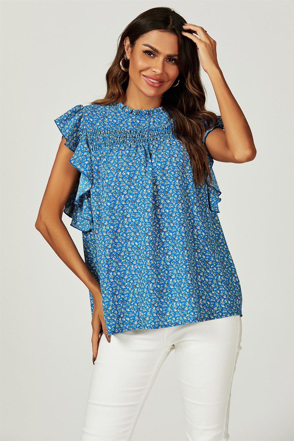 Blumendruck Rüschensaum Kurzarm-Bluse Top in Blau