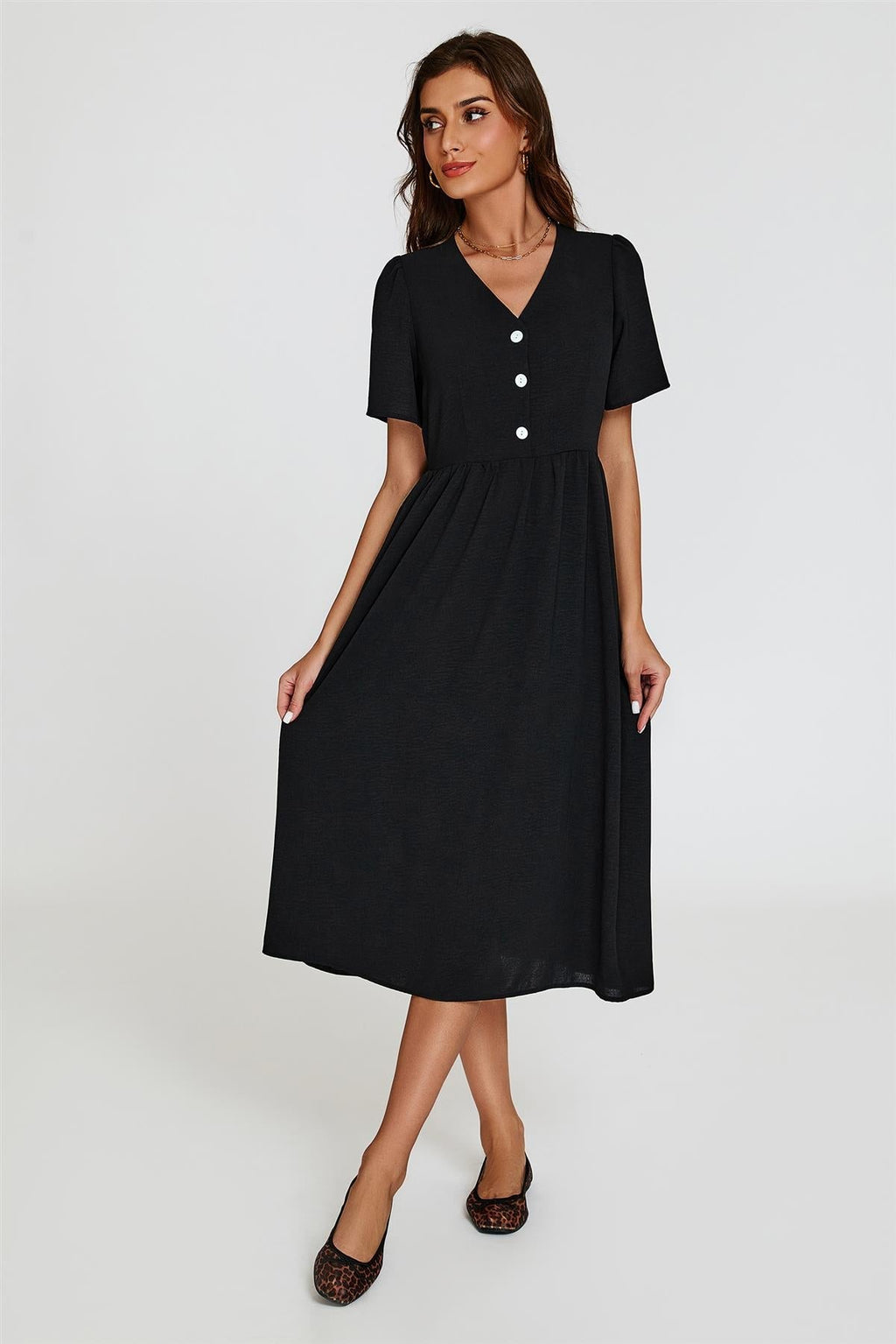 Midi-Kleid mit Knopfleiste in Schwarz