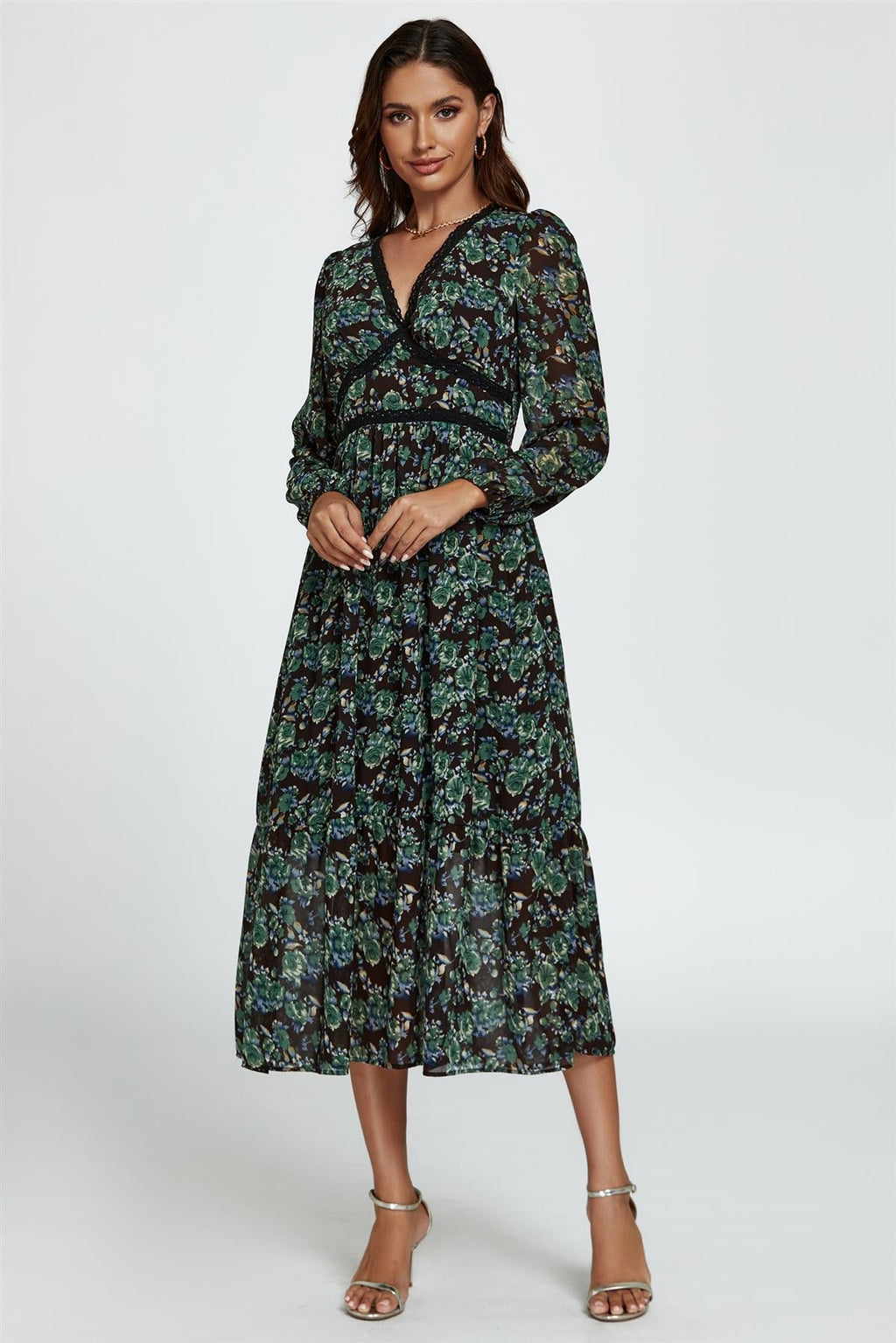 Geblümtes Langarm-Midikleid in Braun