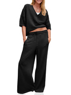 Fisoew Womens 2 Piece Outfits Casual V Neck Shirts Wide Leg Running Long Pants Loose Workout Tracksuit Sets