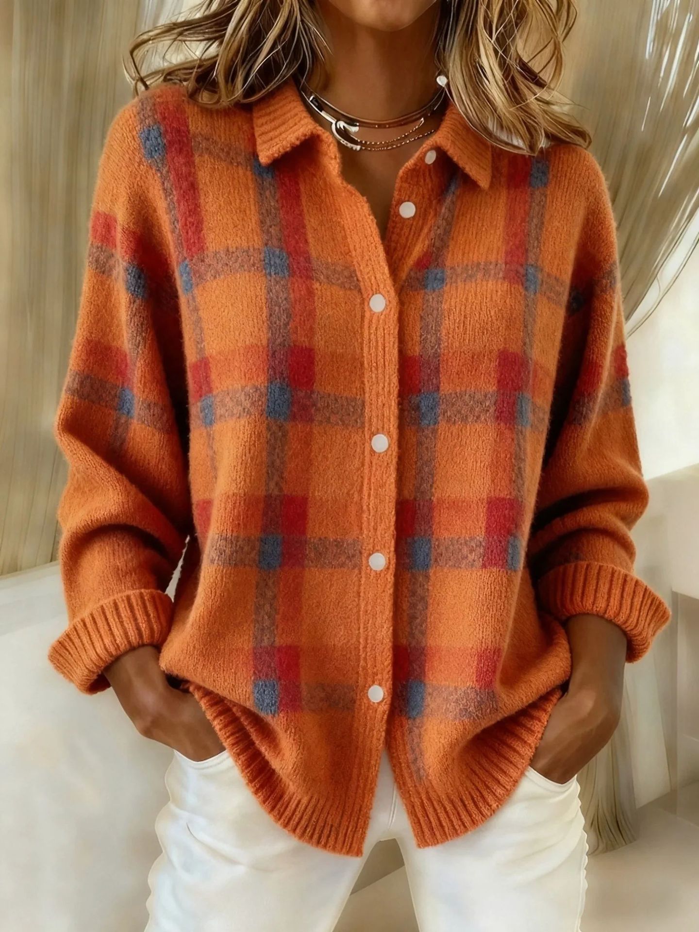 Damen lässiger Pullover im Retro-Kontrastkaromuster