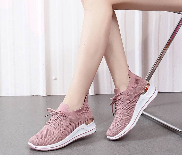 Chaussures décontractées respirantes pour femmes à semelle épaisse tricotée à talon compensé, nouveau style automne