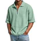 Men's Waffle-Weave Short-Sleeved Shirts Summer Solid Color Lapel Polo Shirt T-Shirt Beach Style Tops