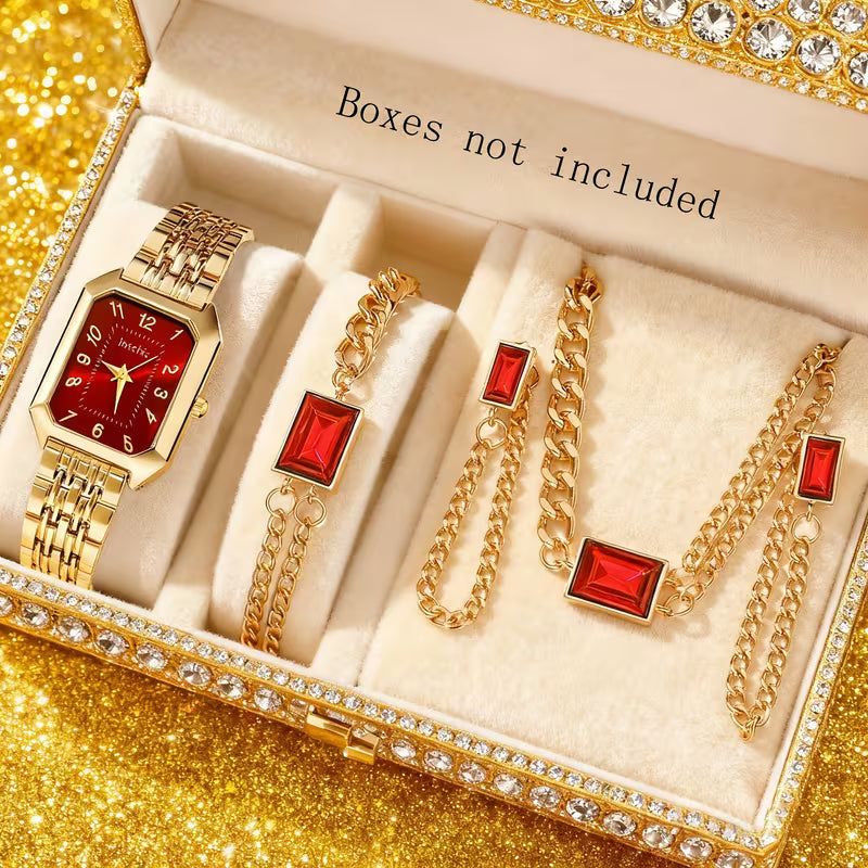 5-teiliges, stilvolles quadratisches Uhren- und Schmuckset für Damen
