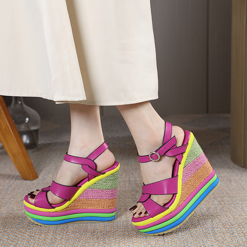 Nouvelles sandales compensées peep-toe Arc-en-ciel pour femmes