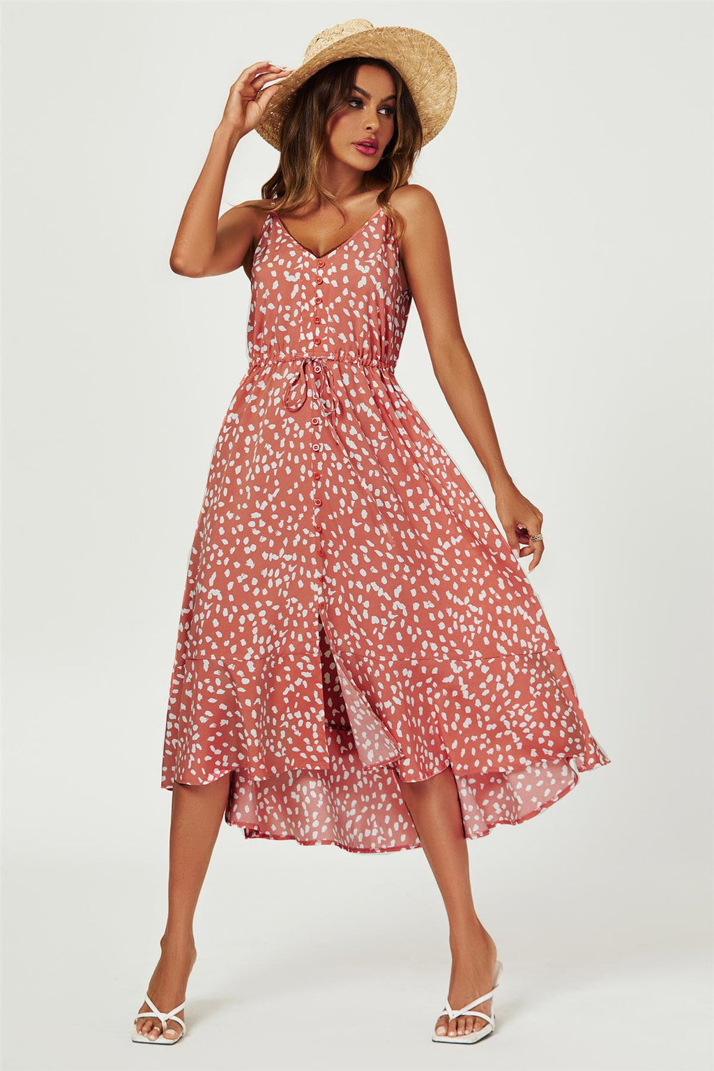 Dunkelrotes Vokuhila-Kleid mit Knopfleiste und Trägern