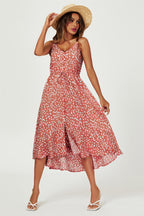 Button Down High Low Strappy Dress In Dusty Red