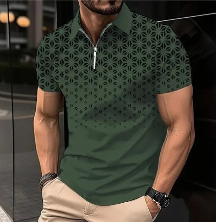 Men's Casual Trend Zipper 3D Digital Printing Short-sleeved T-shirt