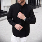 Mens SpringAutumn Small Stand Collar Striped Cardigan Solid Color Long-Sleeve Shirt