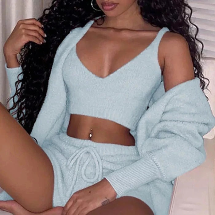 3-teiliges Damen-Bekleidungsset Langarm Crop-Tanktop und Kordelzug-Shorts Schlafanzug-Set