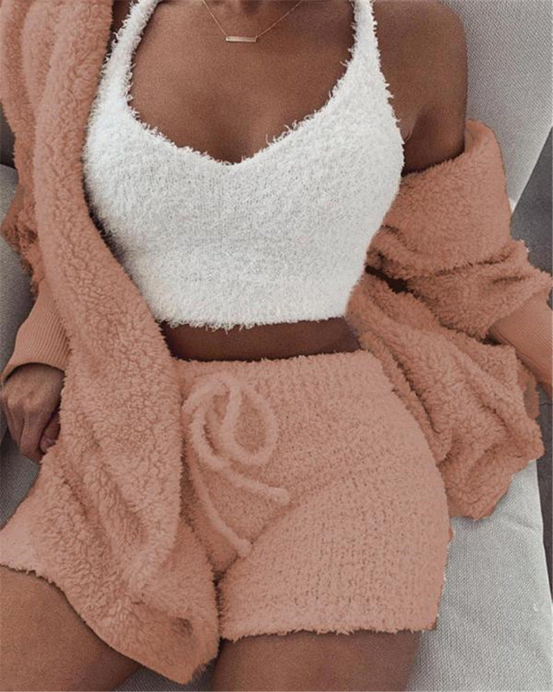 3-teiliges Damen-Bekleidungsset Langarm Crop-Tanktop und Kordelzug-Shorts Schlafanzug-Set