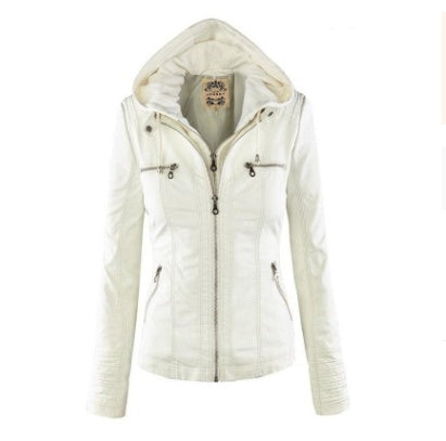 Mode Veste en cuir à capuche détachable avec poches Casual Uni Fermeture éclair Manches longues Veste en cuir Automne Hiver Vêtements pour femmes