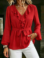 Elegante Damen Bluse mit V-Ausschnitt, Rüschen und Bindegürtel, Laternenärmel Langarm-Oberteil