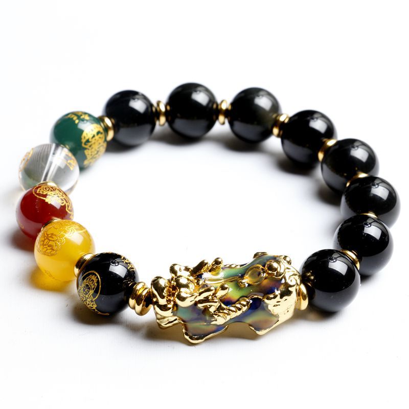 Armband aus natürlichem Obsidian für Herren, Fünf-Wege-Gott des Reichtums