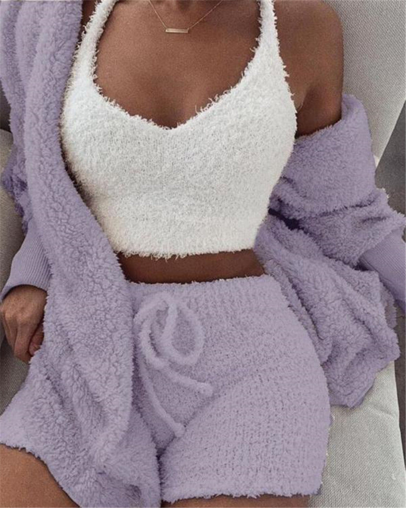 3-teiliges Damen-Bekleidungsset Langarm Crop-Tanktop und Kordelzug-Shorts Schlafanzug-Set