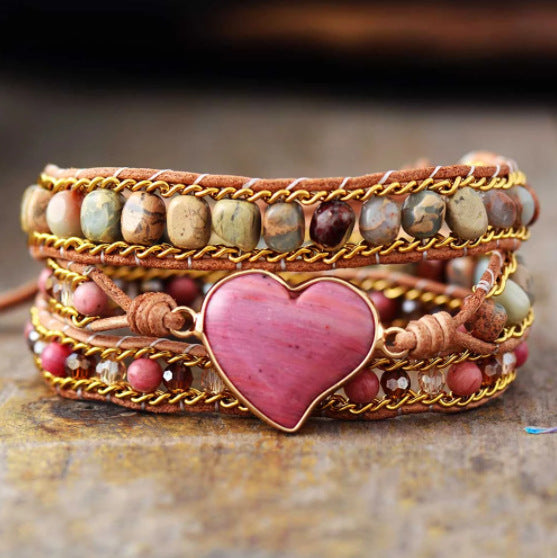Natural Stone Heart-Shaped Bracelet Jasper Crystal