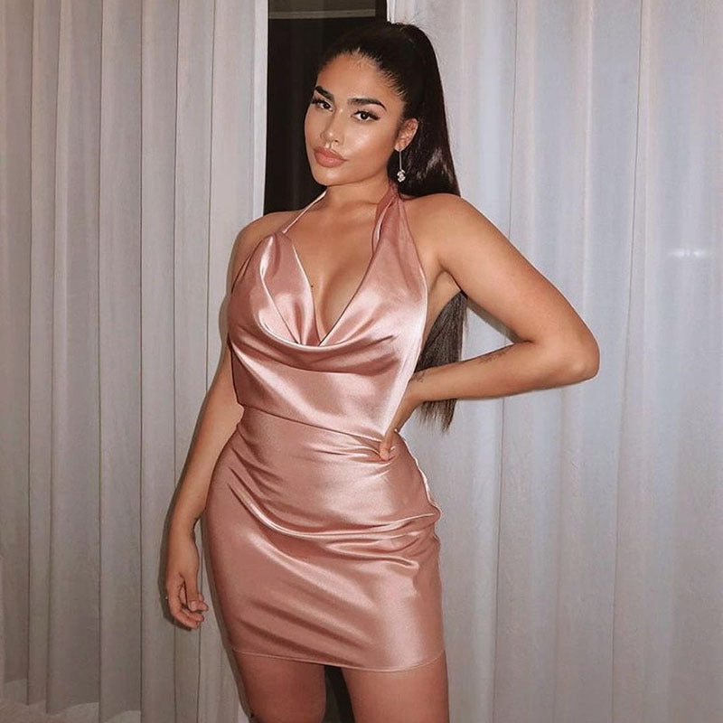 Robe de soirée en satin Col en V Dos nu Sans manches Mini Robe de soirée d'été