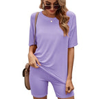 Crew Neck Top And Tight Shorts Sports Suit