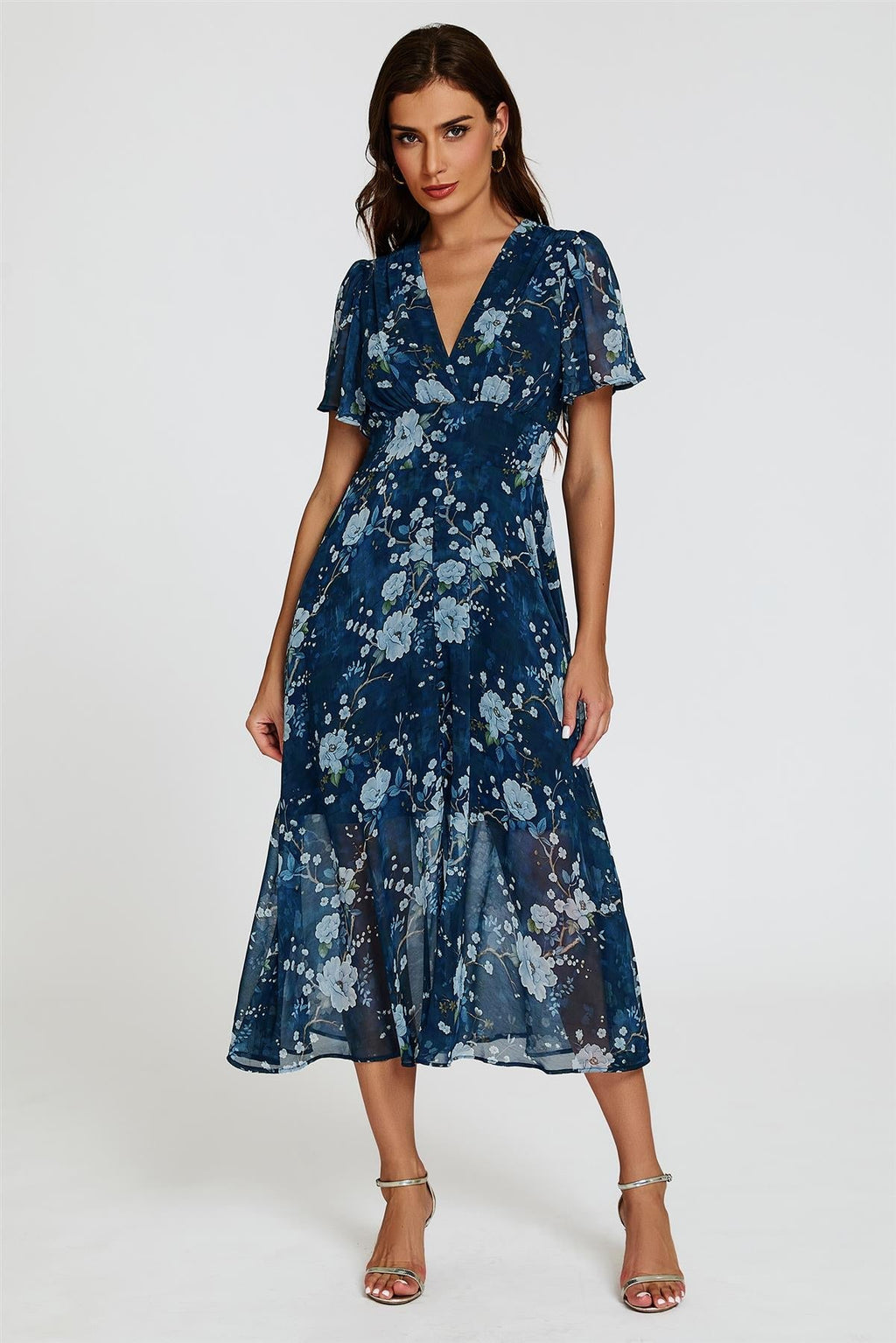 Geblümtes Midikleid mit V-Ausschnitt in Marineblau