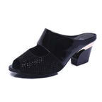 Patent leather rhinestone block heel sandals