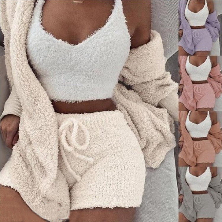 3-teiliges Damen-Bekleidungsset Langarm Crop-Tanktop und Kordelzug-Shorts Schlafanzug-Set