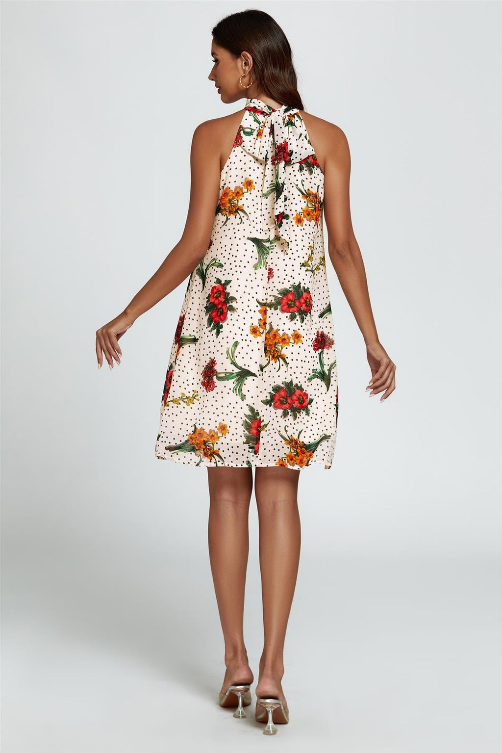 Blumendruck Neckholder-Minikleid mit Bindeband hinten in Off-White