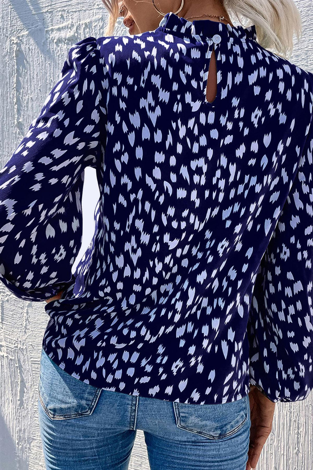 Animal-Print Rüschendetail Stehkragen-Top in Marineblau