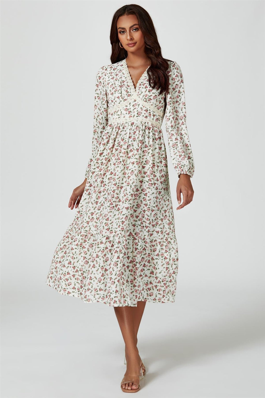 Blumendruck Midi-Langarmkleid in Weiß