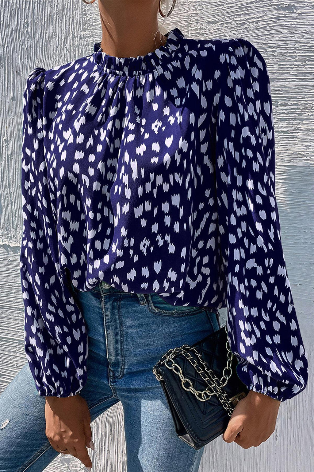 Animal-Print Rüschendetail Stehkragen-Top in Marineblau
