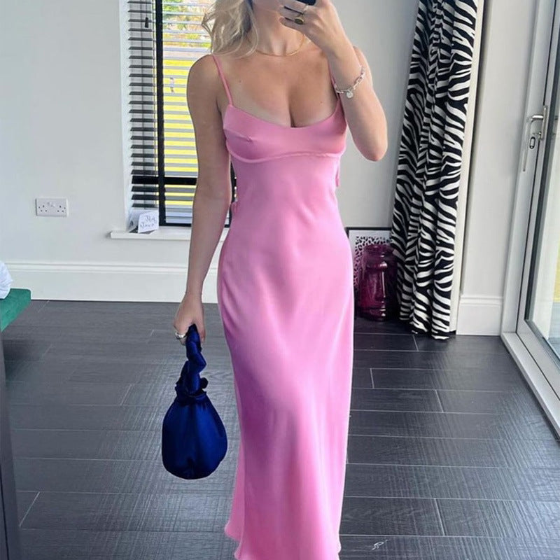 Dames Cami Robe Longue en Satin Élégant Sans Manches Robe de Vacances Sexy Décontractée Dos Nu Robes d'été