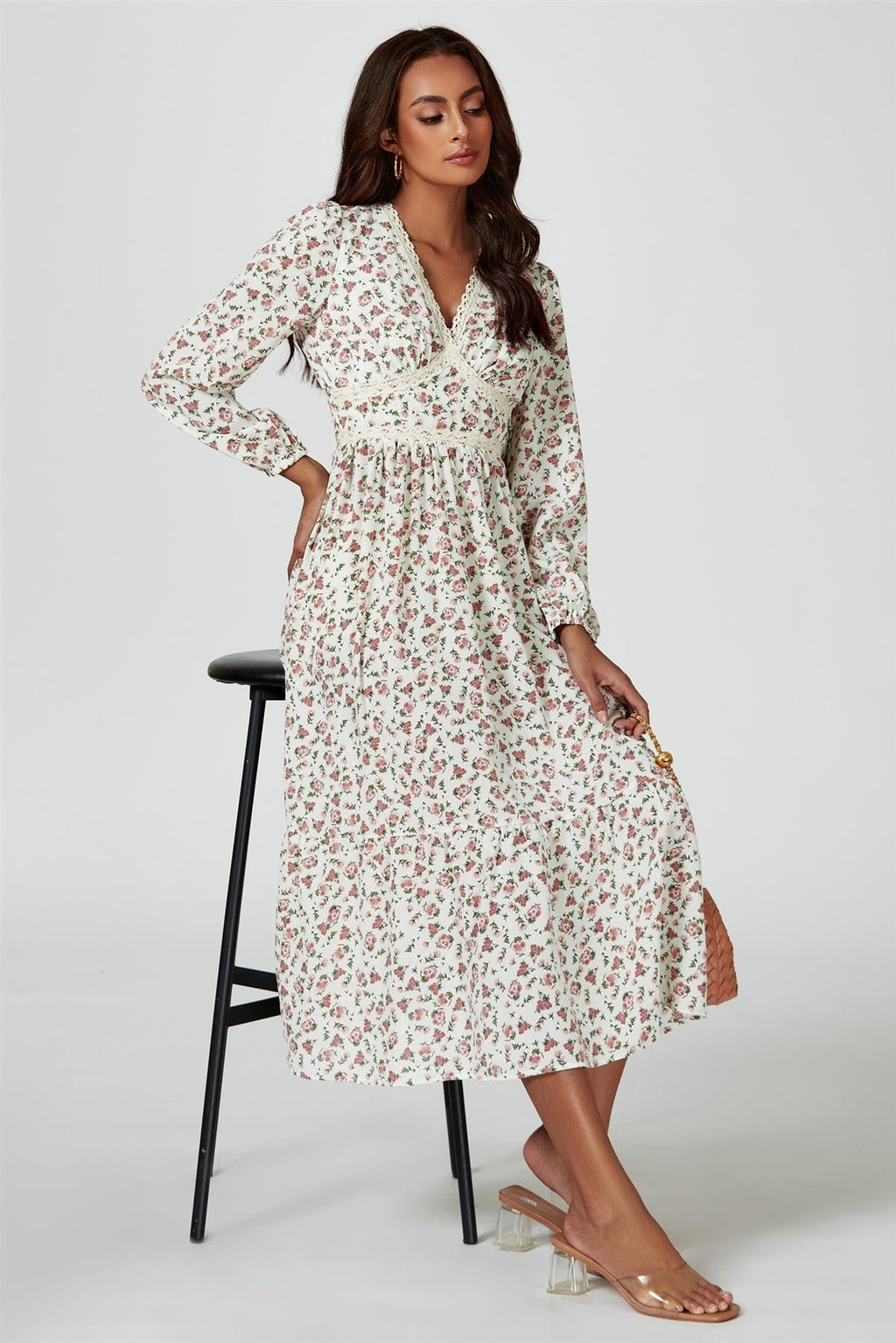 Blumendruck Midi-Langarmkleid in Weiß