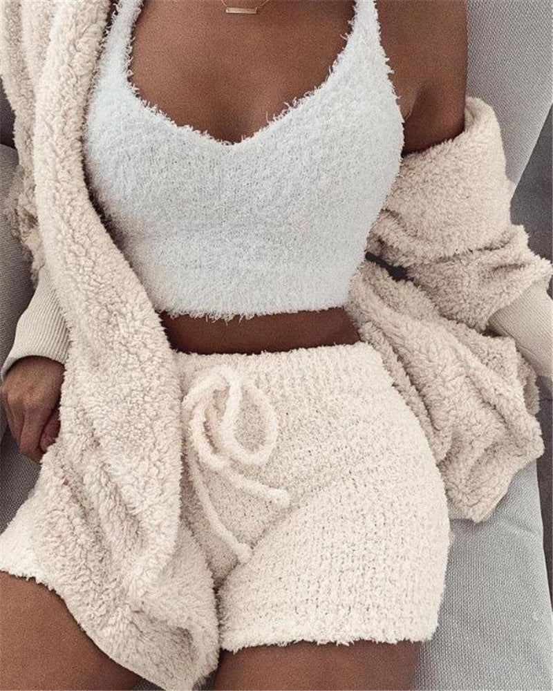 3-teiliges Damen-Bekleidungsset Langarm Crop-Tanktop und Kordelzug-Shorts Schlafanzug-Set