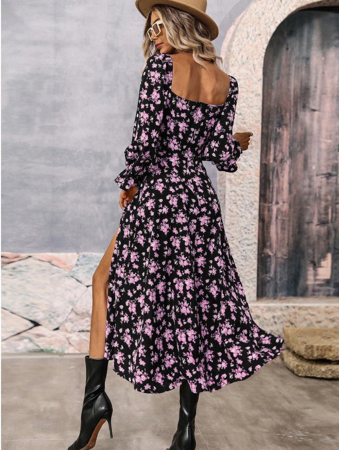 Robe à manches longues à imprimé floral, coupe mode, col carré, fente à l'ourlet, vêtements pour femmes