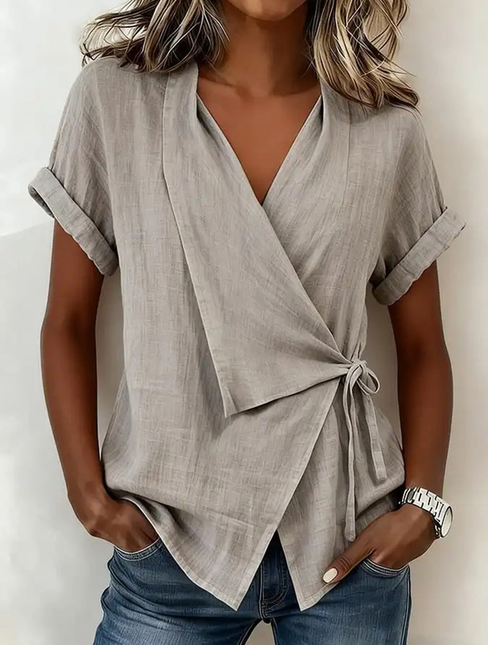 Haut décontracté pour femme à revers et manches courtes, avec lacets