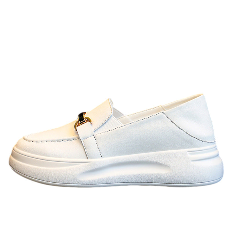Chaussures blanches en cuir véritable pour femmes, mocassins à plateforme polyvalents et anti-explosion pour l'automne