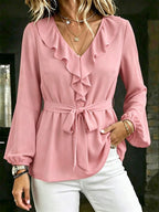 Elegante Damen Bluse mit V-Ausschnitt, Rüschen und Bindegürtel, Laternenärmel Langarm-Oberteil