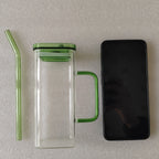 1 Pcs Pink Glass Straw Cup, 6 Colors Square Glass Cup With Straw And Lid, High Borosilicate Glass Cup, Milk Cup, Juice Cup, Cold Drink Cup, Coffee Cup, Tea Cup, Office Cup, Gift Cup
