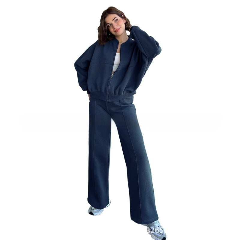 Ensemble de survêtement pour femme, veste zippée et pantalon large, deux pièces