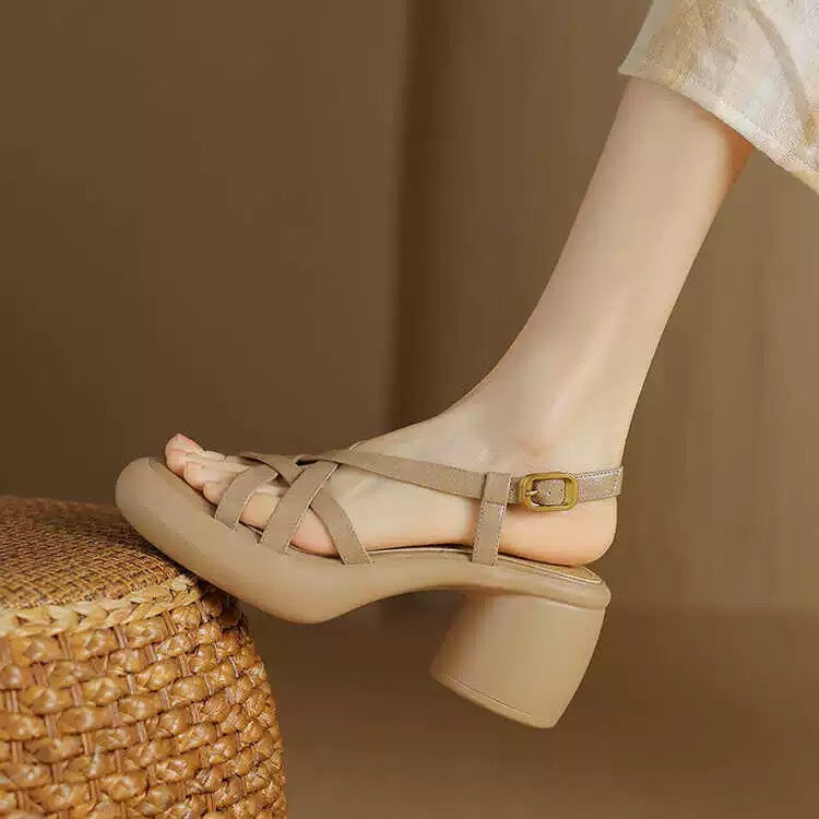 Sandales à talon haut en cuir souple rétro pour femmes à plateforme à bout ouvert