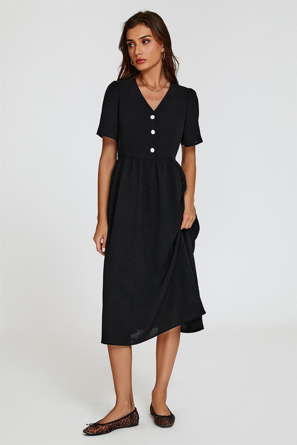 Midi-Kleid mit Knopfleiste in Schwarz