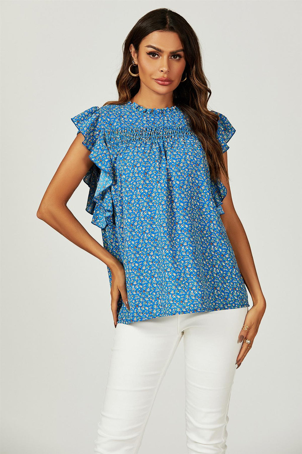 Blumendruck Rüschensaum Kurzarm-Bluse Top in Blau