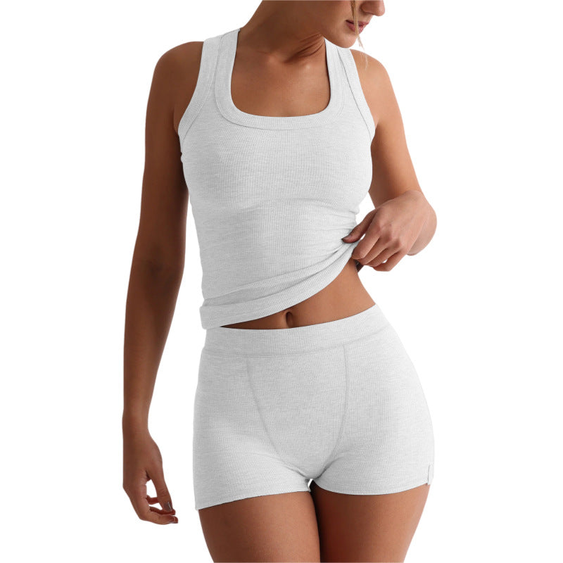 Damen lässiges einfarbiges Rundhals-Tanktop und High-Waist-Shorts-Set im Slim-Fit