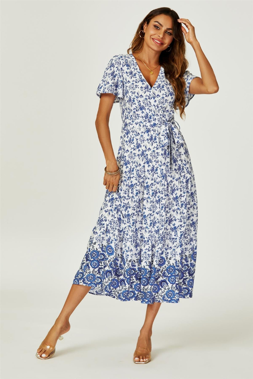 Blumenrand-Druck abgestuftes Saum-Midikleid in Weiß