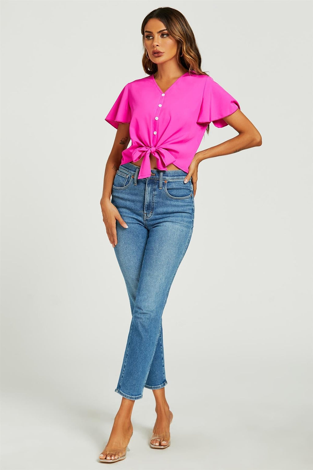 Süßes Bindeknoten-Crop-T-Shirt mit Knöpfen in Fuchsia-Pink