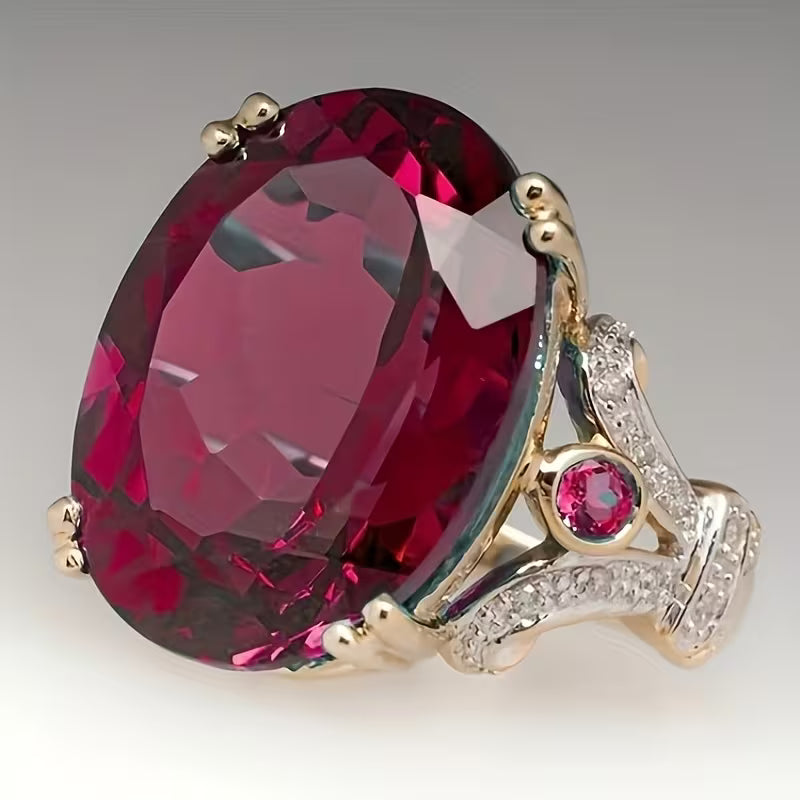 Élégante bague vintage pour femme - Imitation de pierres rose-rouge, Or