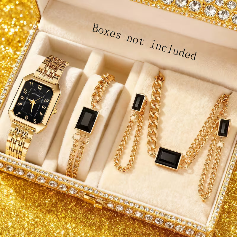 5-teiliges, stilvolles quadratisches Uhren- und Schmuckset für Damen