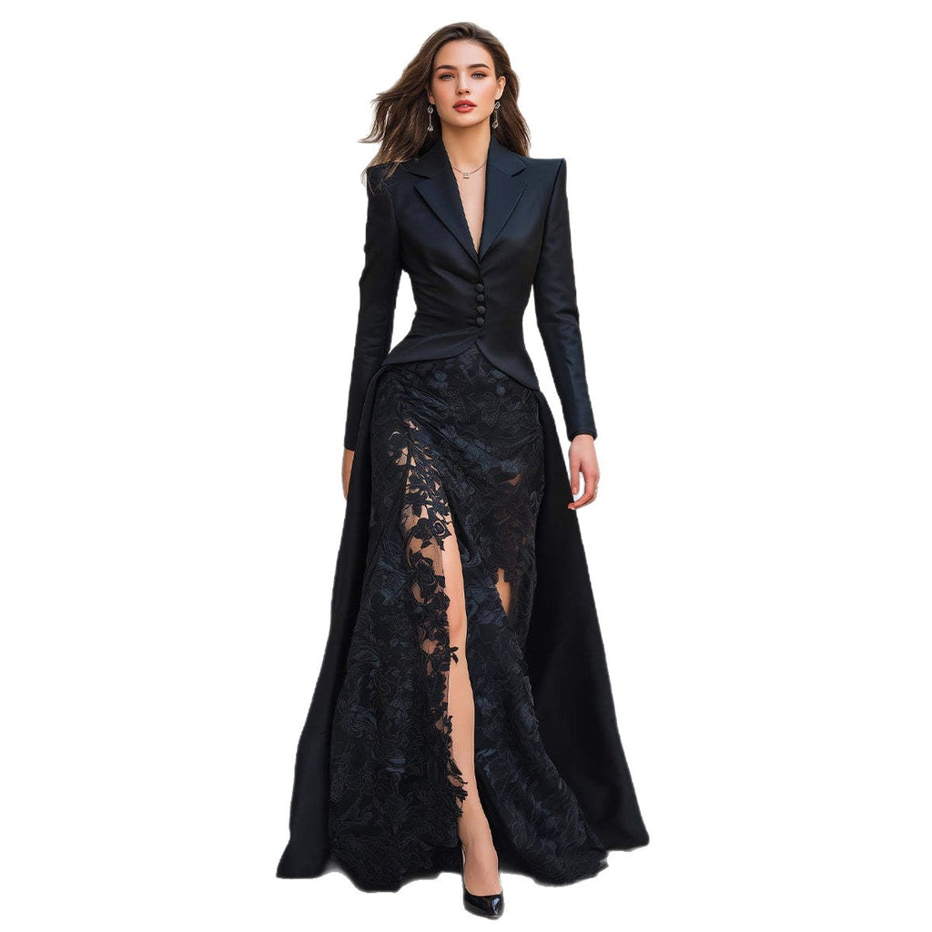 Chic Spitzenanzugkragen zweiteiliges langärmeliges Kleid für Damen