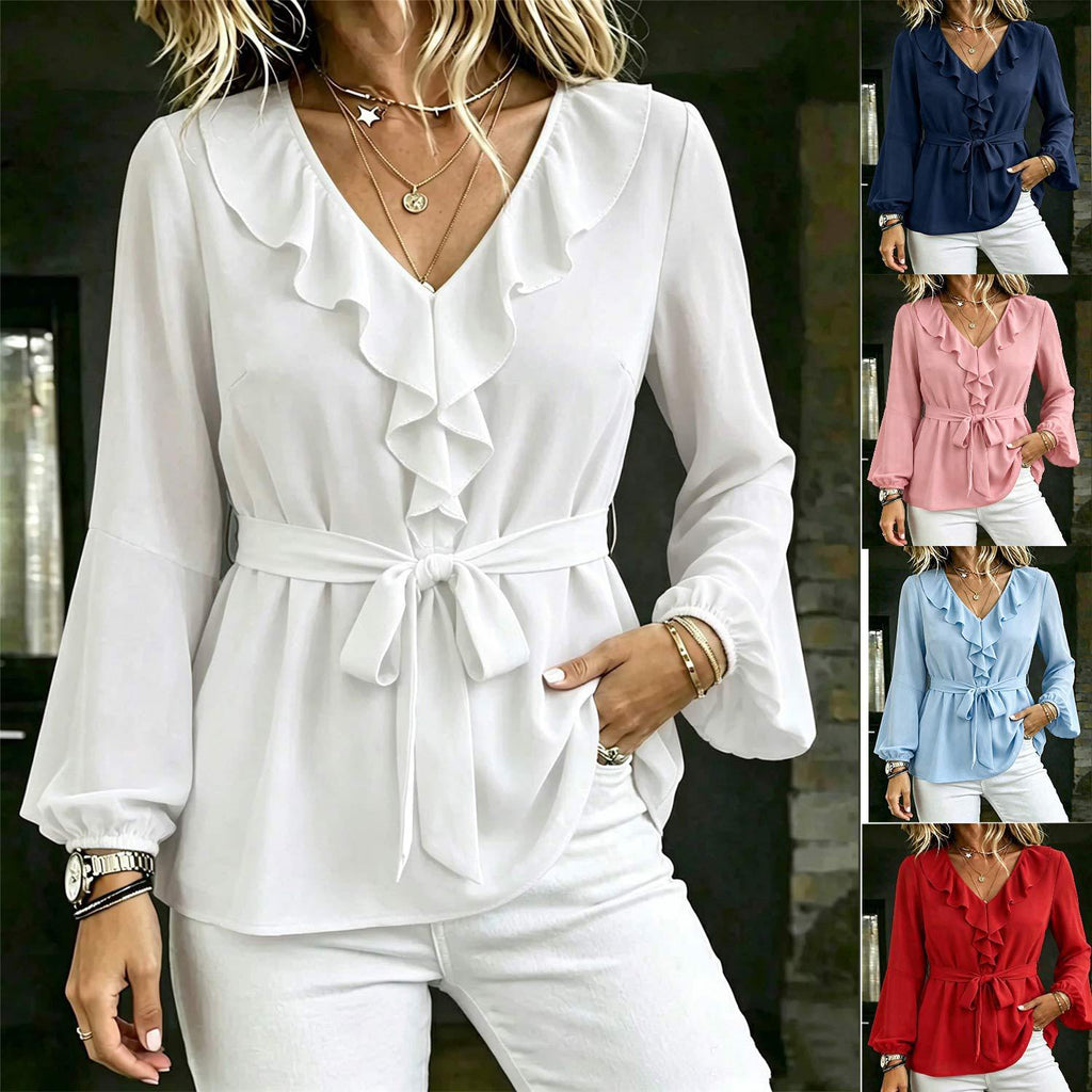 Elegante Damen Bluse mit V-Ausschnitt, Rüschen und Bindegürtel, Laternenärmel Langarm-Oberteil