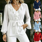 Elegante Damen Bluse mit V-Ausschnitt, Rüschen und Bindegürtel, Laternenärmel Langarm-Oberteil