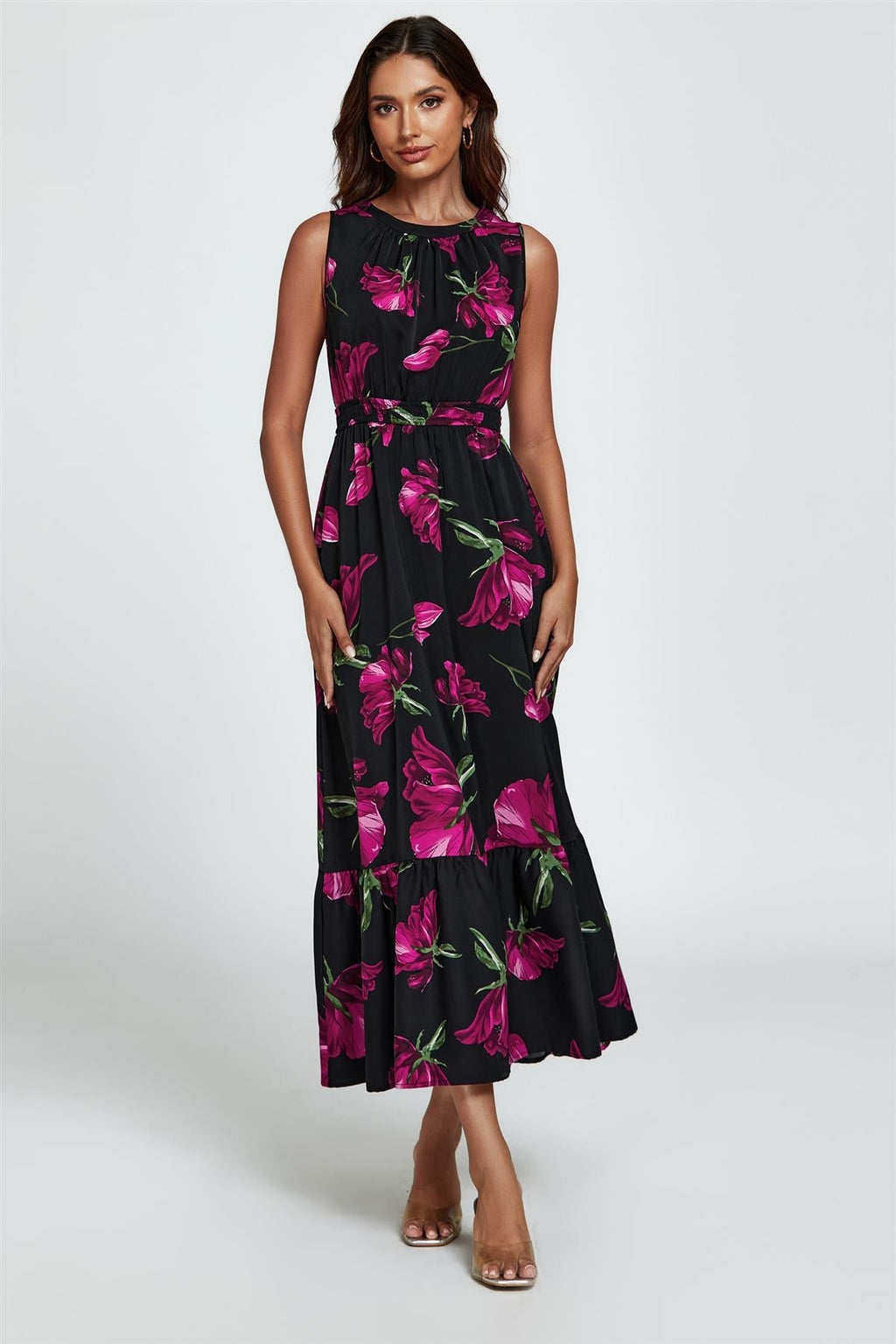 Maxikleid mit Blumenmuster und Neckholder in Schwarz